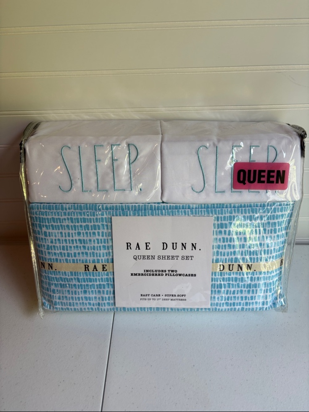 Rae Dunn White Sheet Set with Light Blue Pattern and 'SLEEP' Pillowcases